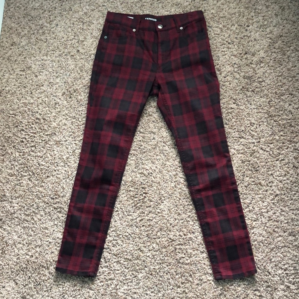 Stretchy red plaid high rise pants